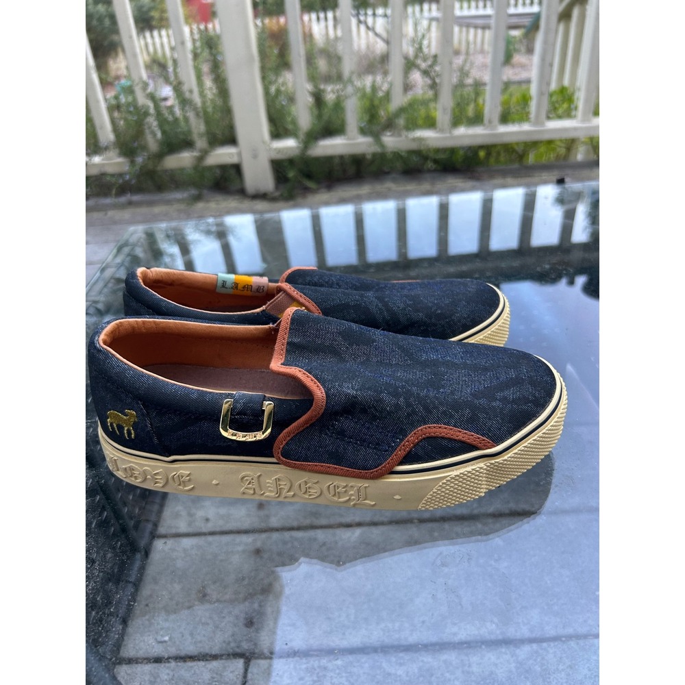 LAMB Gwen Stefani Denim Slip On Sneakers Love Angel Music Baby Blue Tan Buckle